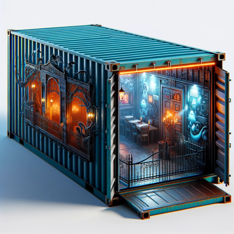DALL·E 2023-12-11 23.22.00 - A thumbnail image depicting a shipping container transformed into a haunted escape room by an events company. The container is open, revealing a spook